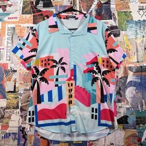 INCERUN Mens Abstract City Palm Print Short Sleeve Button Up Havana‎ Style Shirt